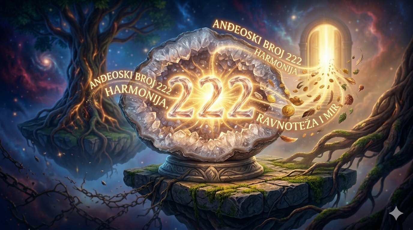 Veliki svjetleći broj 222 unutar otvorenog kristalnog geoda na lebdećem kamenom otoku, s mističnim portalom u pozadini i zlatnim natpisima Anđeoski broj 222 Harmonija, Ravnoteža i Mir