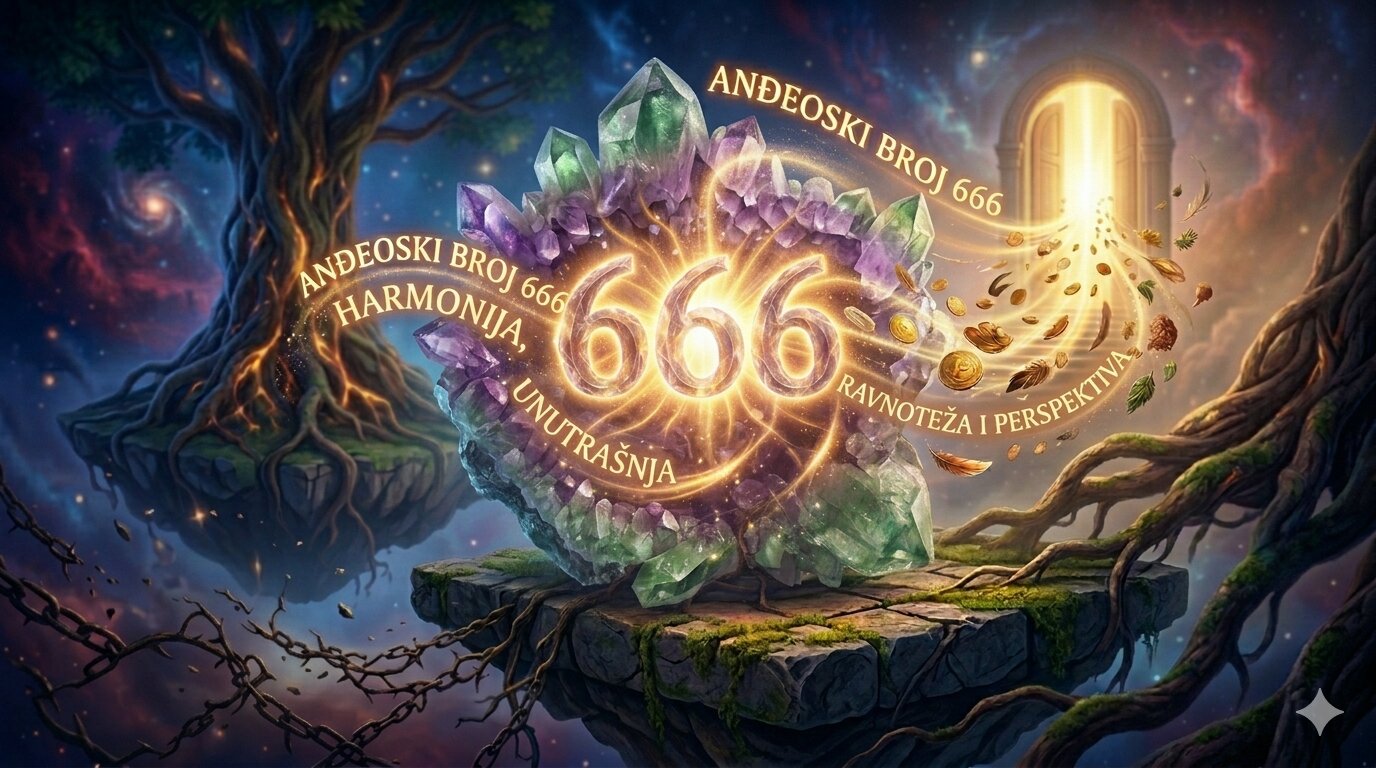 Mistični prikaz anđeoskog broja 666 koji svijetli zlatno-zelenom svjetlošću u središtu stabilnog kristalnog klastera na lebdećem otoku. Kristali su uravnoteženi, u vrtlogu energije, s natpisom 'Anđeoski broj 666 Harmonija, unutrašnja ravnoteža i perspektiva'