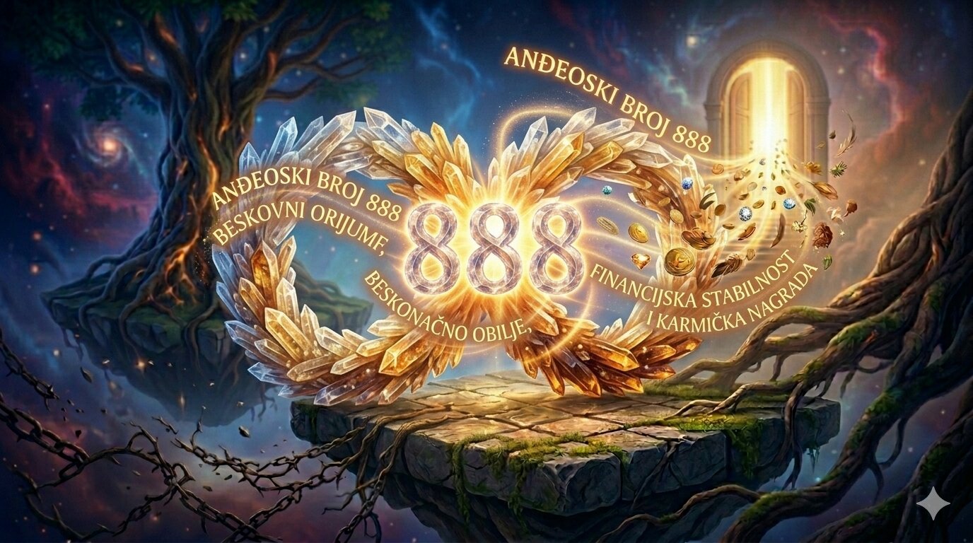 Mistični prikaz anđeoskog broja 888 koji jarko svijetli zlatnom svjetlošću u središtu kristalnog znaka beskonačnosti (infinity loop) na lebdećem otoku. Kristali su amber i zlatne boje, s natpisom 'Anđeoski broj 888 Beskonačno obilje, financijska stabilnost i karmička nagrada'