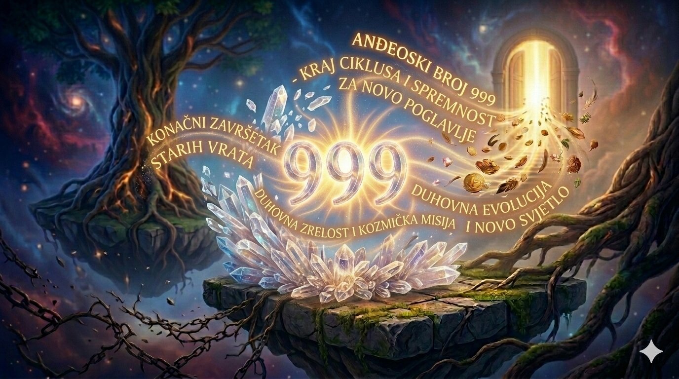 Mistični prikaz anđeoskog broja 999 koji svijetli mekim zlatnim svjetlom u središtu čistih kristala na lebdećem otoku. Kristali se lagano rastapaju u svjetlosni prah prema velikom zlatnom portalu, s natpisom 'Anđeoski broj 999 Kraj ciklusa i spremnost za novo poglavlje'