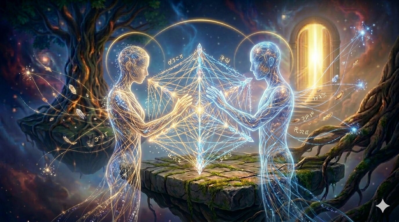 Mistični prikaz dva translucentna, svjetleća bića duše koja potpisuju svjetlosni duhovni ugovor na plutajućem otoku, dok energija teče prema ancient tree roots i distant portal, simbolizirajući kozmičku povezanost i ulogu ljudi u našem životu