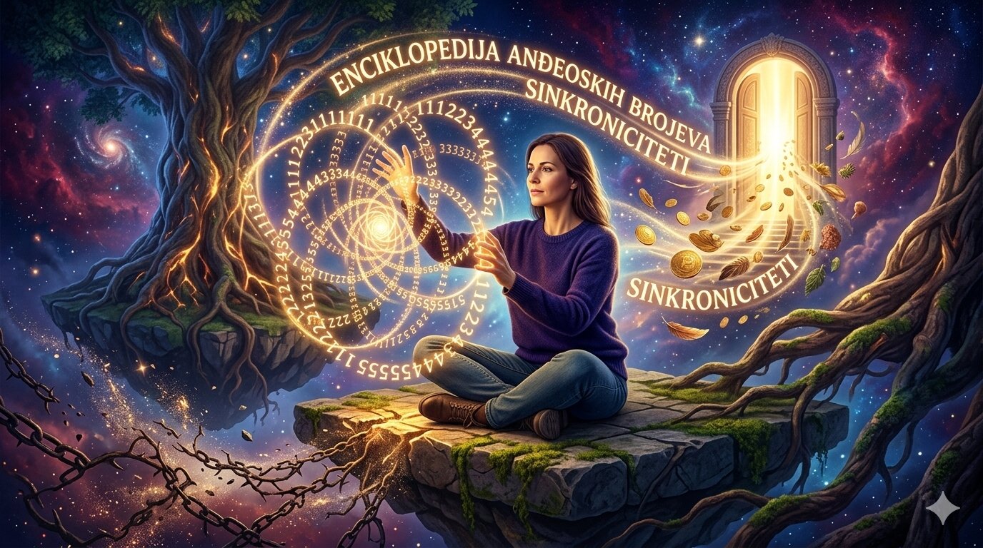 Ilustracija Astro-Mame koja sjedi u meditaciji i rukama oblikuje svjetleću spiralu s anđeoskim brojevima 111, 222, 333, 444 i 555, s mističnim portalom i kozmičkim motivima u pozadini