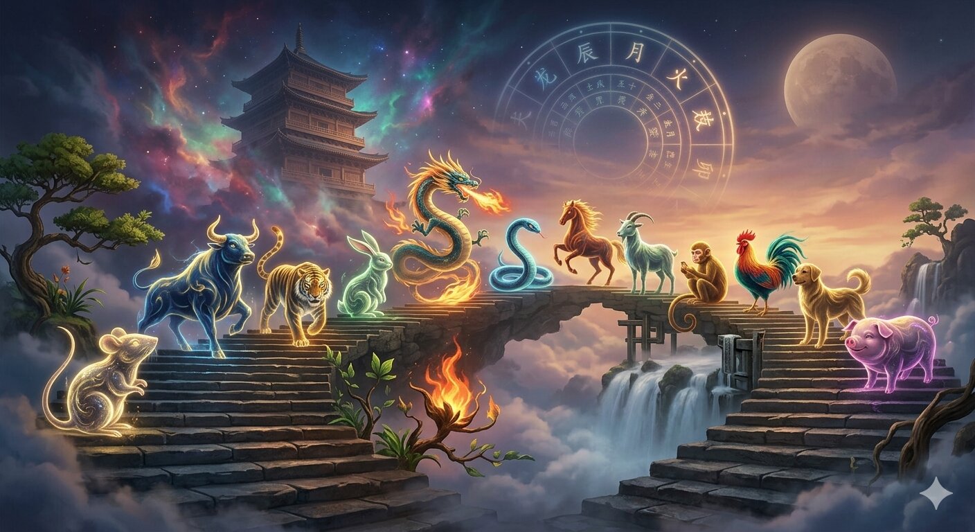 Ilustracija 12 znakova kineskog horoskopa na mističnom kamenom mostu iznad oblaka. Prikazane su svjetlucave životinje kineskog zodijaka od Štakora do Svinje, s kineskim hramom, punim mjesecom i astrološkim krugom u pozadini.