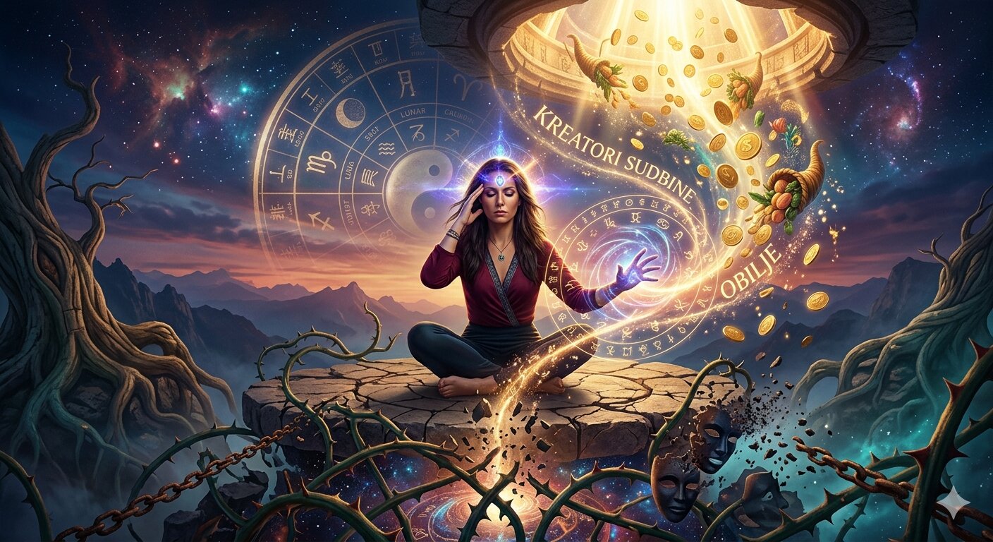 Ilustracija Astro-Mame (Lara Novak) koja usmjerava svjetlosnu energiju prema kozmičkim simbolima. Žena u meditaciji iz koje se širi zlatna aura s motivima svemira, galaksija i zvijezda, simbolizirajući manifestaciju i zakon privlačenja