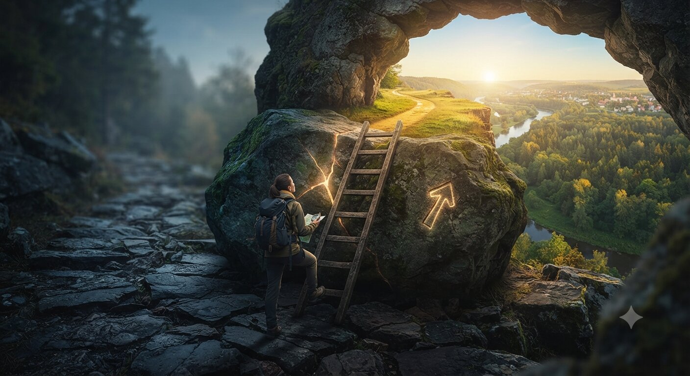 Konceptualna ilustracija osobe koja uz pomoć ljestava prelazi preko velike zida-prepreke prema sunčanom krajoliku, prikazujući promjenu perspektive i pretvaranje izazova u prilike.