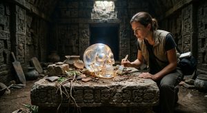 Arheologinja pažljivo otkriva i čisti sjajnu kristalnu lubanju u drevnom hramu, vizualizacija misterija drevne tehnologije i njezinih energetskih svojstava.