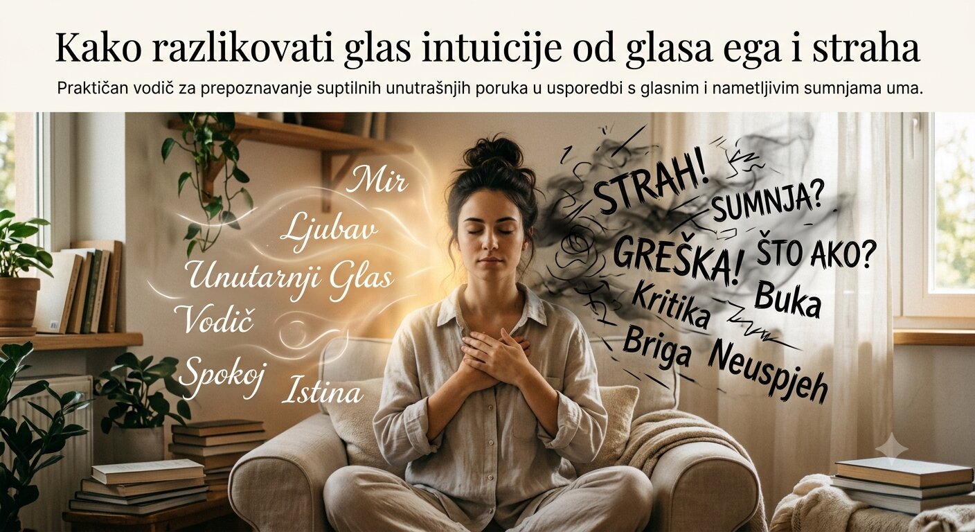 Ilustracija mlade žene koja zatvorenih očiju sluša suptilni unutarnji glas intuicije, vizualno odvojen od kaotičnih, nametljivih misli i sumnji koje predstavljaju ego i strah.