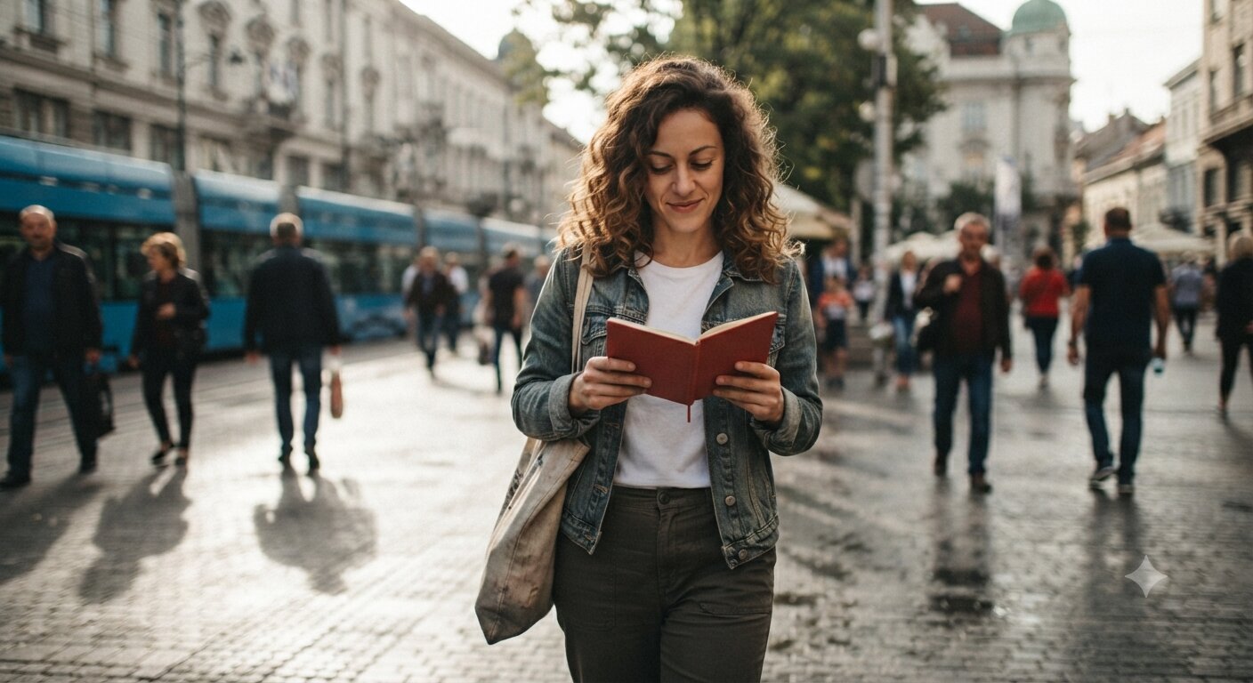 Nasmijana žena s kovrčavom kosom hoda centrom Zagreba i čita crvenu knjigu, okružena prolaznicima i plavim tramvajem u pozadini.