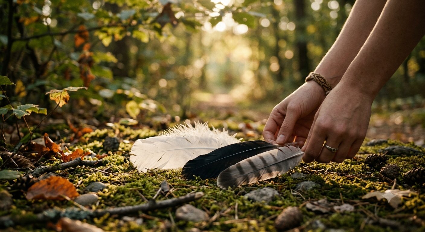 Osoba u sunčanoj šumi nježno rukama dodiruje tri pera na mahovini – jedno bijelo, jedno crno i jedno sivo – koja simboliziraju specifične poruke ohrabrenja i zaštite od duhovnih vodiča.