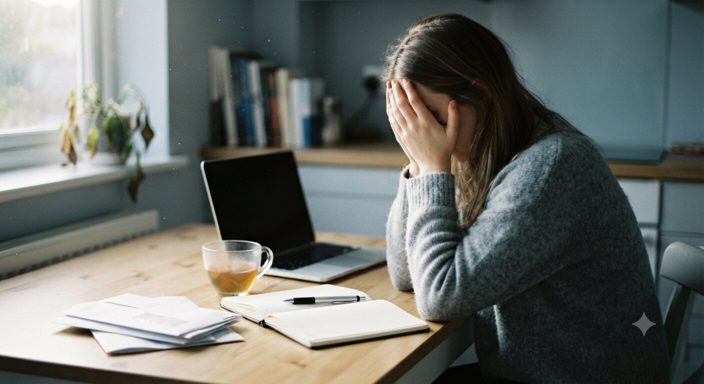 Iscrpljena mlada žena sjedi za stolom s prijenosnim računalom i neotvorenom poštom, držeći glavu u rukama kao znak emocionalnog izgaranja i stresa.